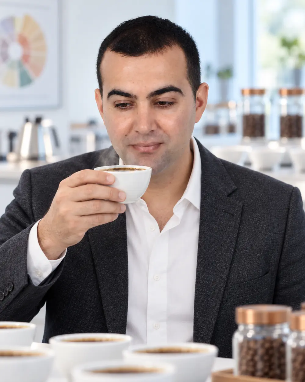 Assoc. Prof. Dr. Mehmet Turan Ayseli evaluating coffee aroma